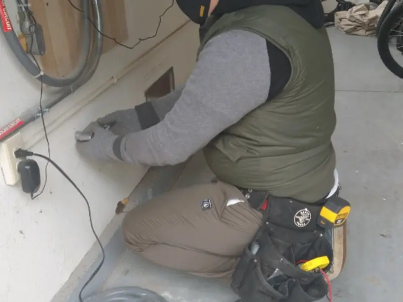 Electrician performing outlet wiring in a Verona Walk garage
